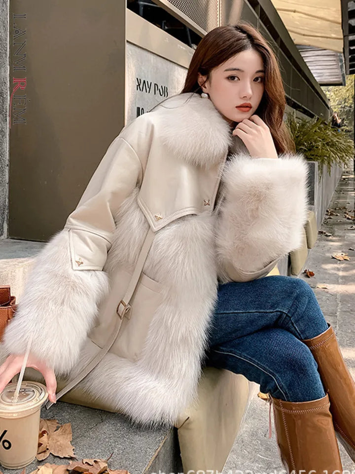 Creamy-white Lapel Zipper Design Leather Fur Coats