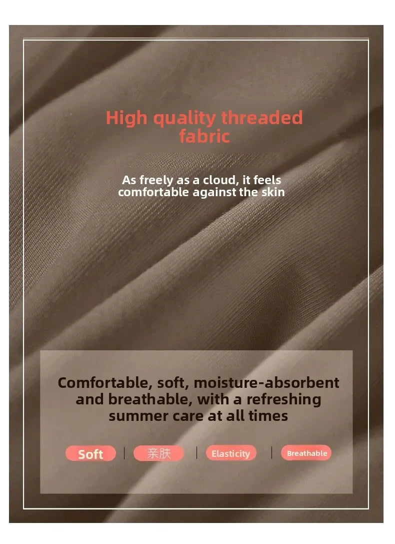 Text graphic: high-quality threaded fabric, soft and moisture-absorbing, breathable summer care