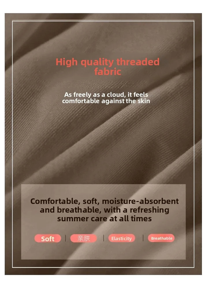 Text graphic: high-quality threaded fabric, soft and moisture-absorbing, breathable summer care