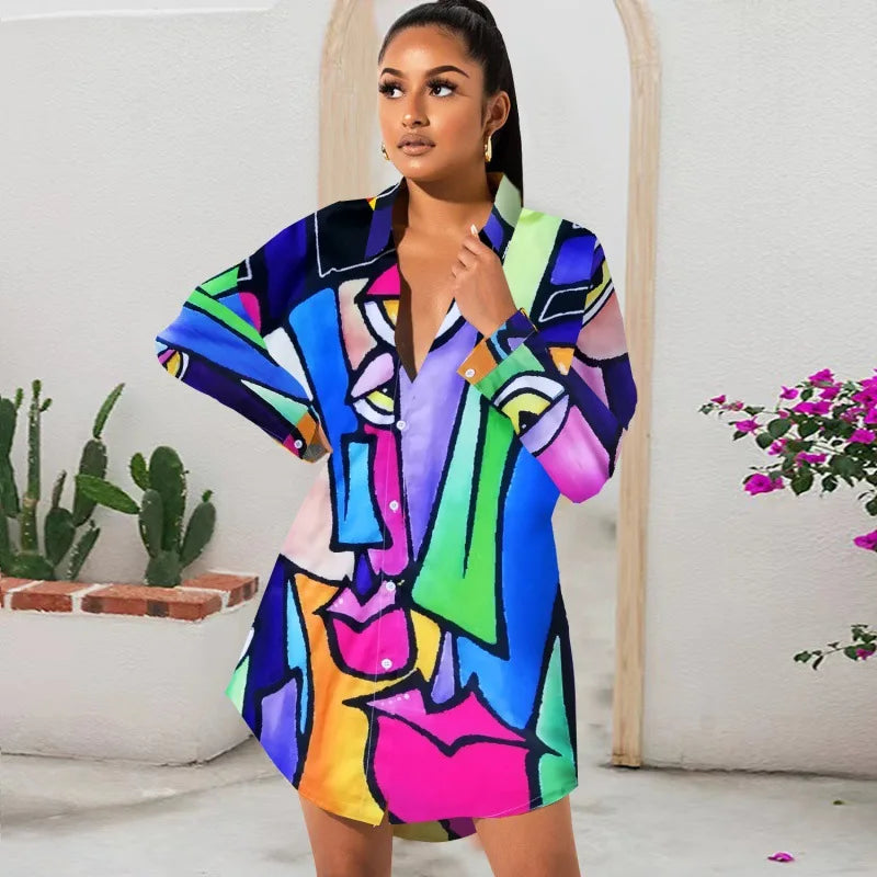 Woman wearing a colorful dress in a room with plants
