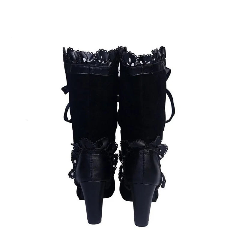 Lace Ruffles Leather Suede Square High Heel Boots