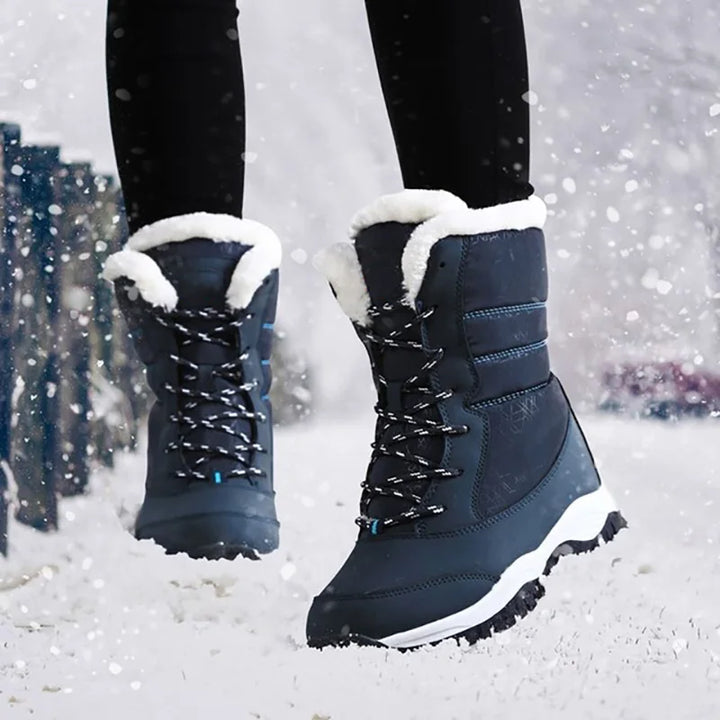 Women's lace-up winter snow boots, dark blue with white plush fur trim