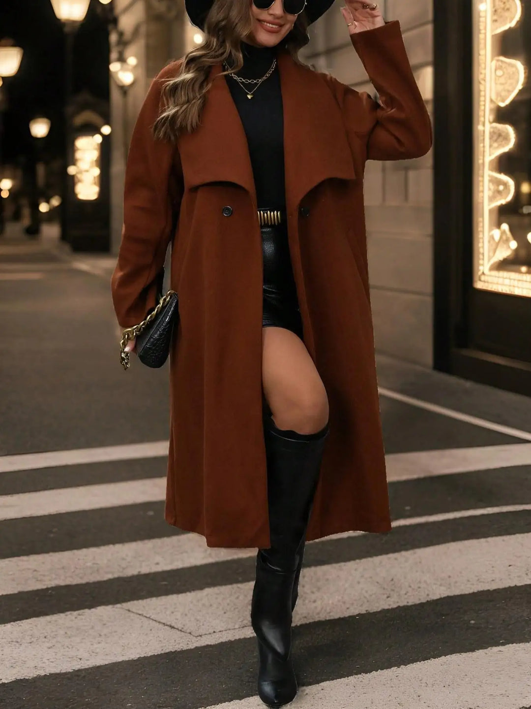 Women's brown wool-blend trench coat with front button and flap pockets