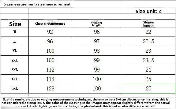Size chart table with chest, clothing length, and sleeve length measurements