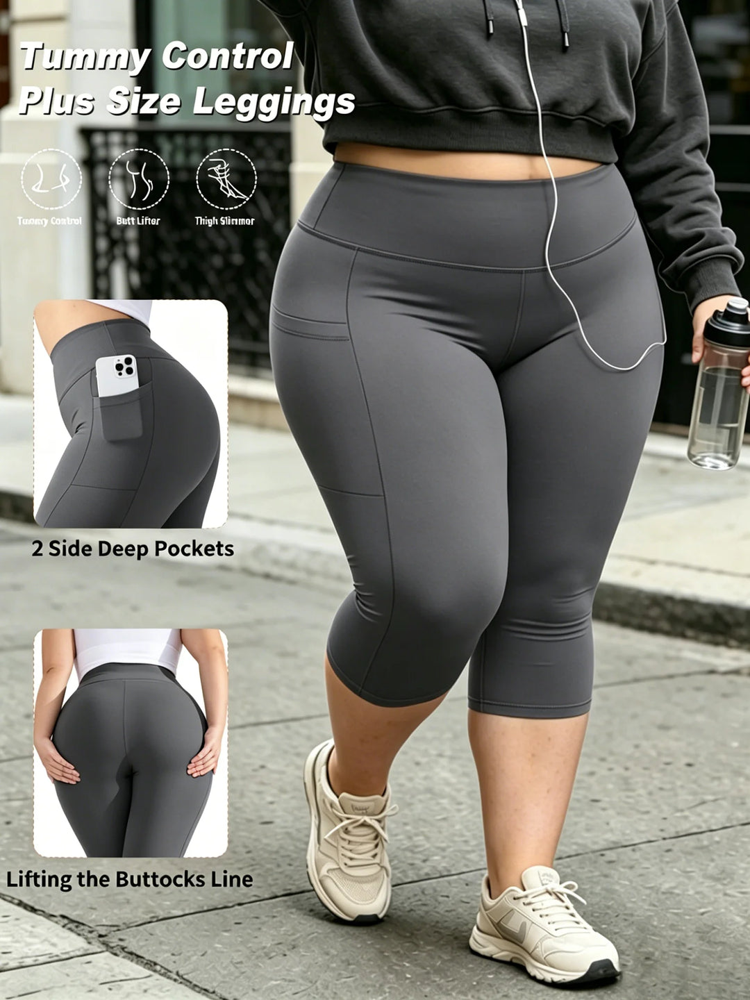High-waist plus-size capri leggings with side pockets, dark gray, back view