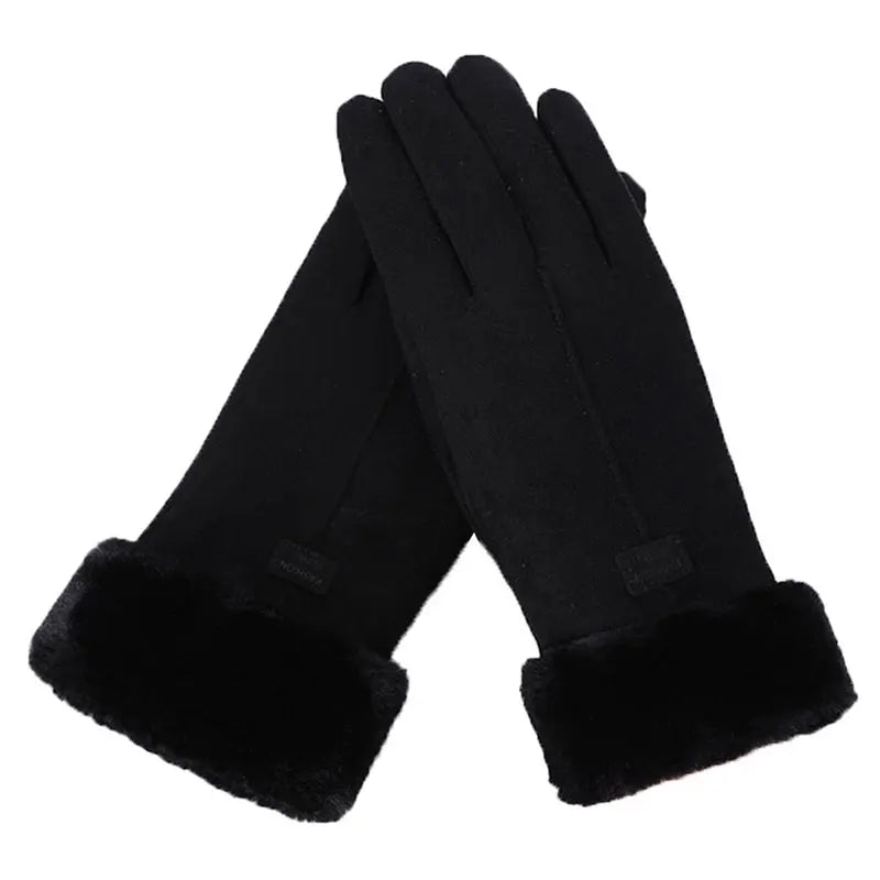 Black suede-look gloves with plush cuffs and small wrist labels