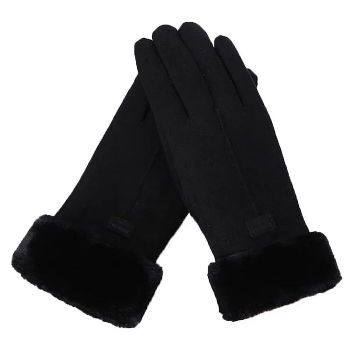 Black suede-look gloves with plush cuffs and small wrist labels