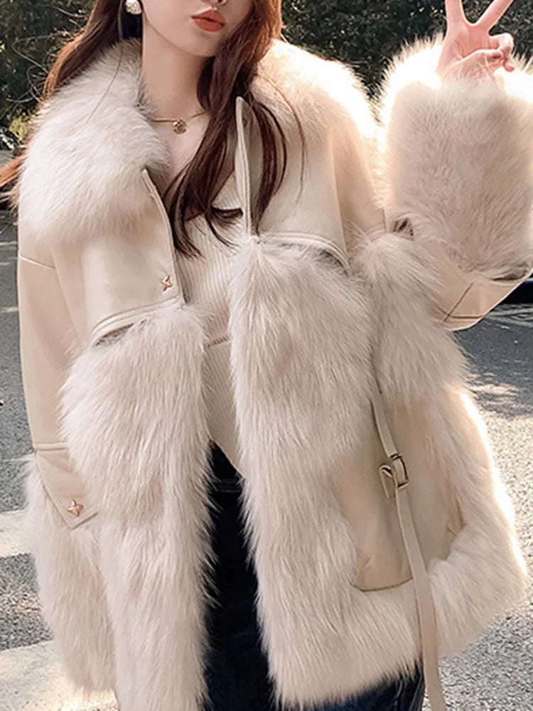 Creamy-white Lapel Zipper Design Leather Fur Coats