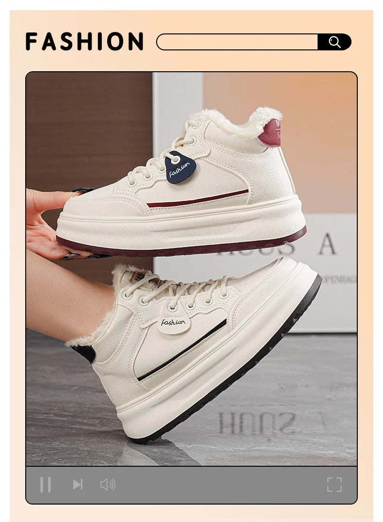White lace-up platform winter sneakers with plush fur lining and cushioned collar