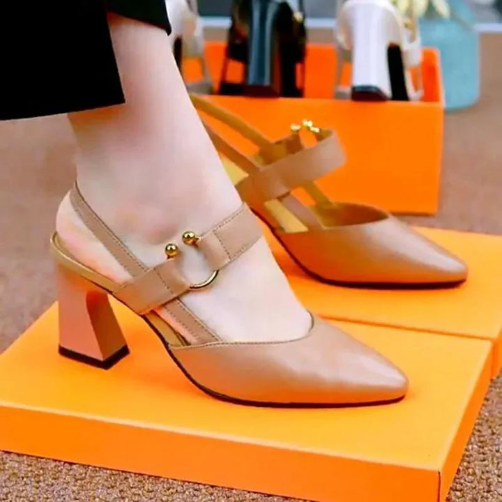 Light leather high-heel open-toe pumps, ankle strap with gold buckles