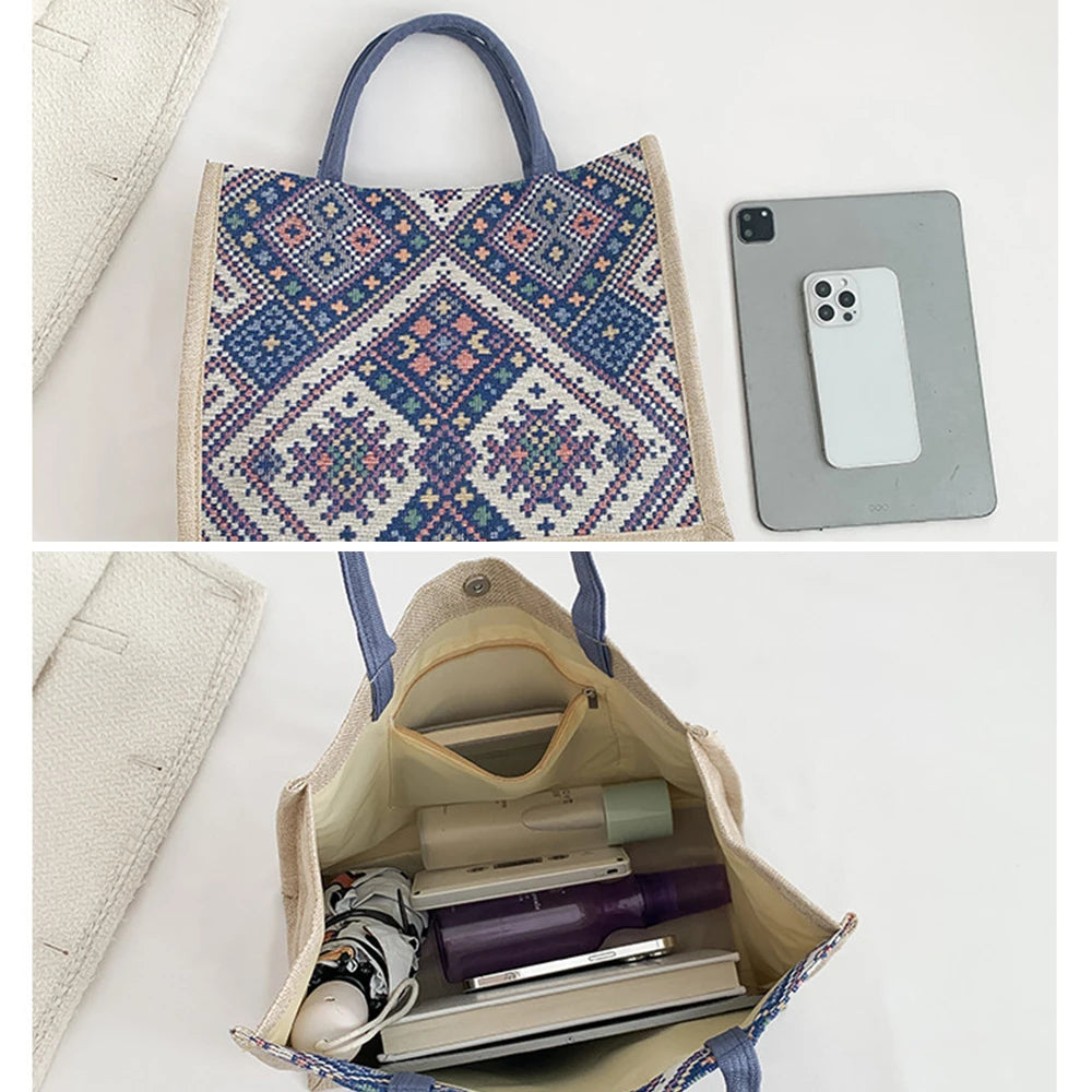 Boho Linen Tote — Floral Print, Multi-Use Carry-All bags