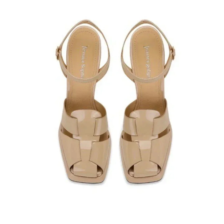 Apricot sandals, view from back: adjustable ankle buckle and cutout strap detail