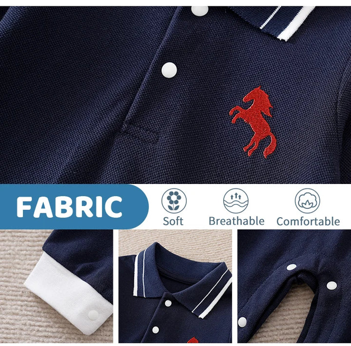 Navy blue polo shirt with red embroidered horse design on a textured surface.