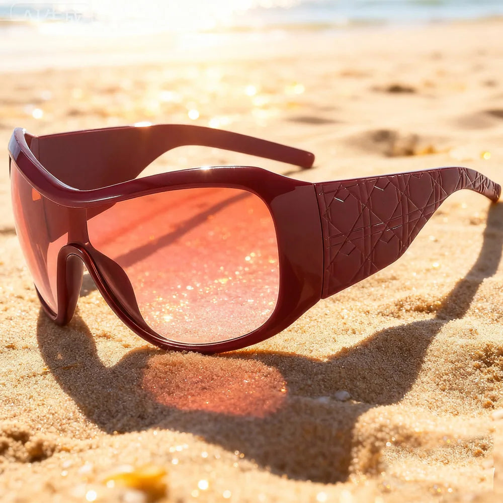 Sunglasses with red lenses on a sandy beach