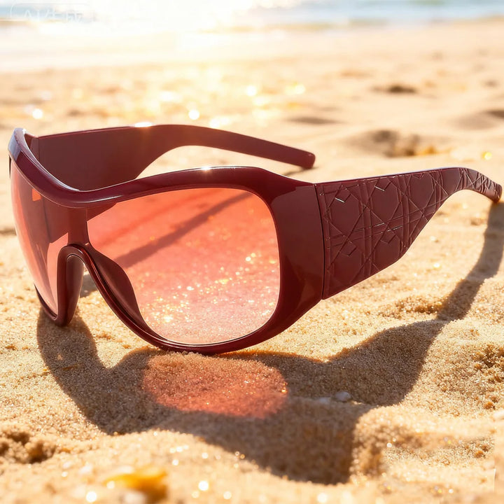 Sunglasses with red lenses on a sandy beach