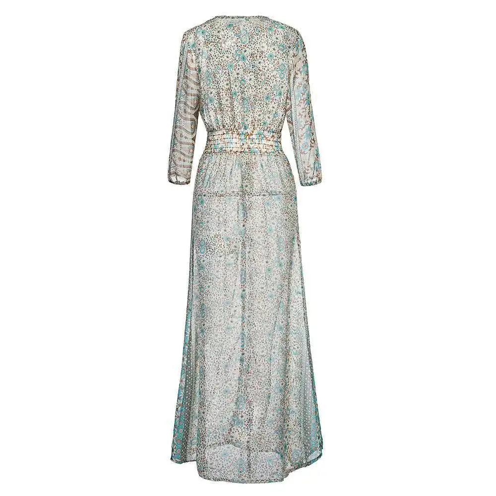 Long maxi dress with V-neck and three-quarter sleeves, gathered waist, teal floral print