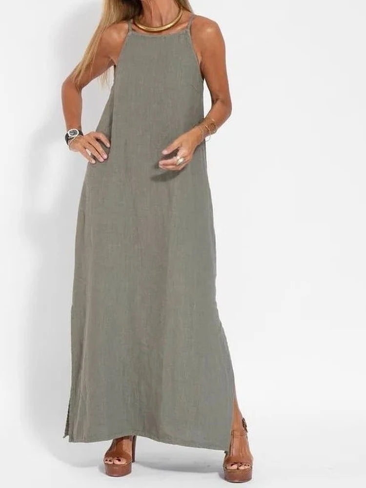 Women's Side Split Cotton Linen Summer Dress | Soft Neutral Tones