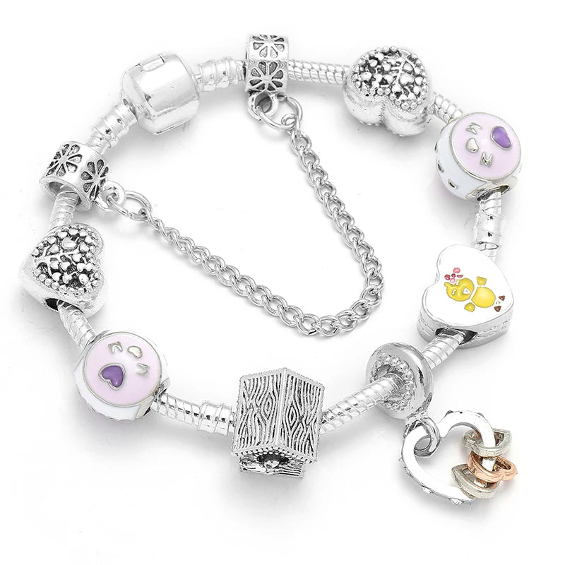 Silberfarbenes Armband mit Schlangenketten-Design, lila Herz- und Katzen-Charm-Perlen