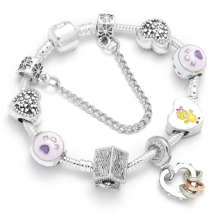Silberfarbenes Armband mit Schlangenketten-Design, lila Herz- und Katzen-Charm-Perlen