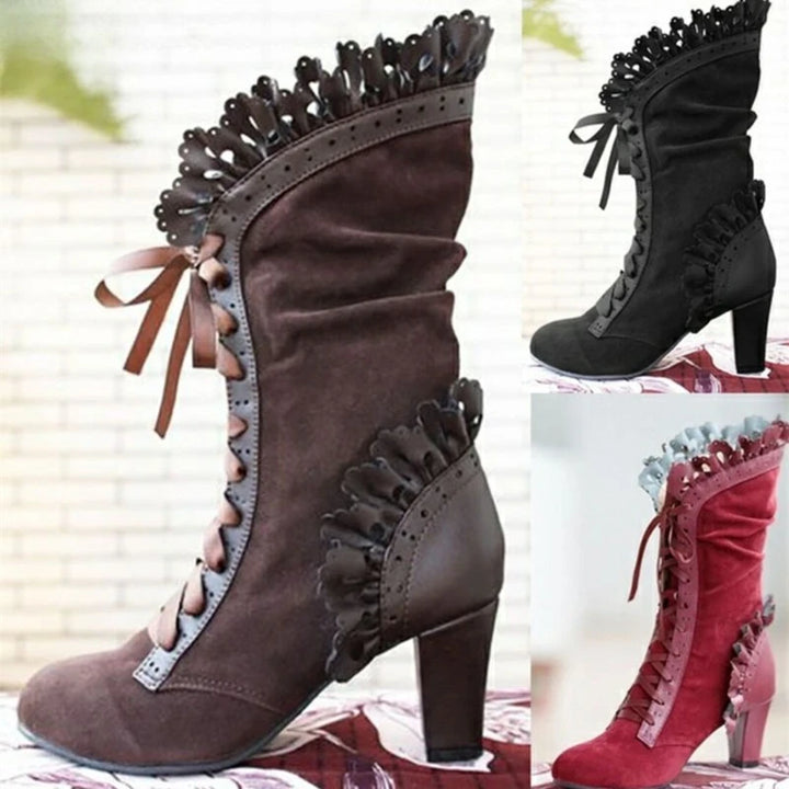 Brown mid-calf lace-up high-heel boots with ruffled trim and bow accents