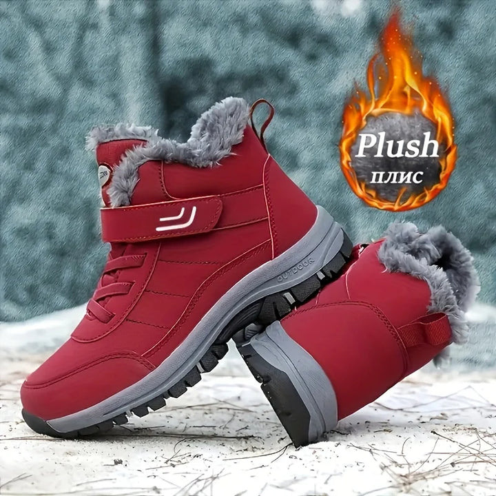 Red winter snow boots with plush lining, hook-and-loop strap, rugged rubber sole