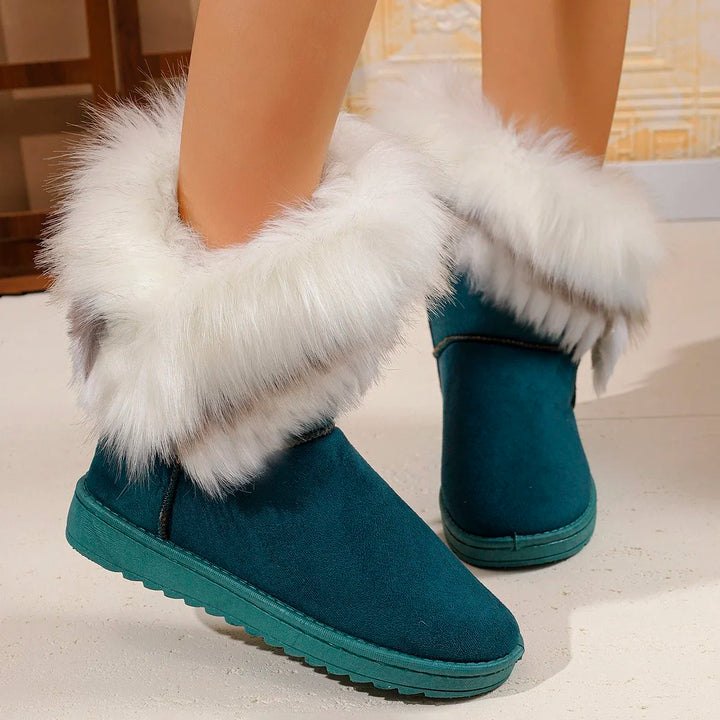 Women’s mid-calf slip-on winter boots, teal suede with white plush fur trim and rubber sole