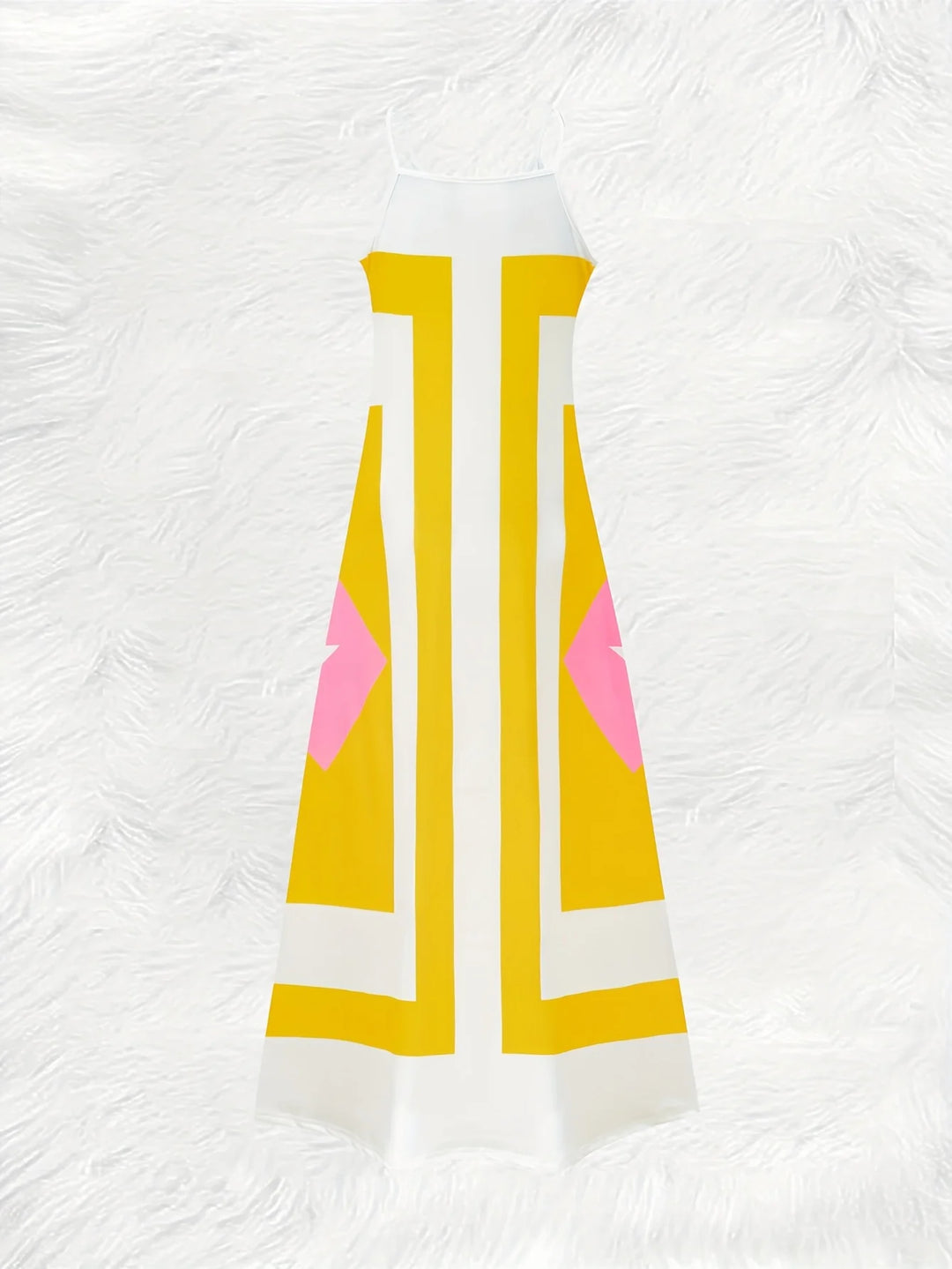 Yellow and white dress with pink accents on a textured white background