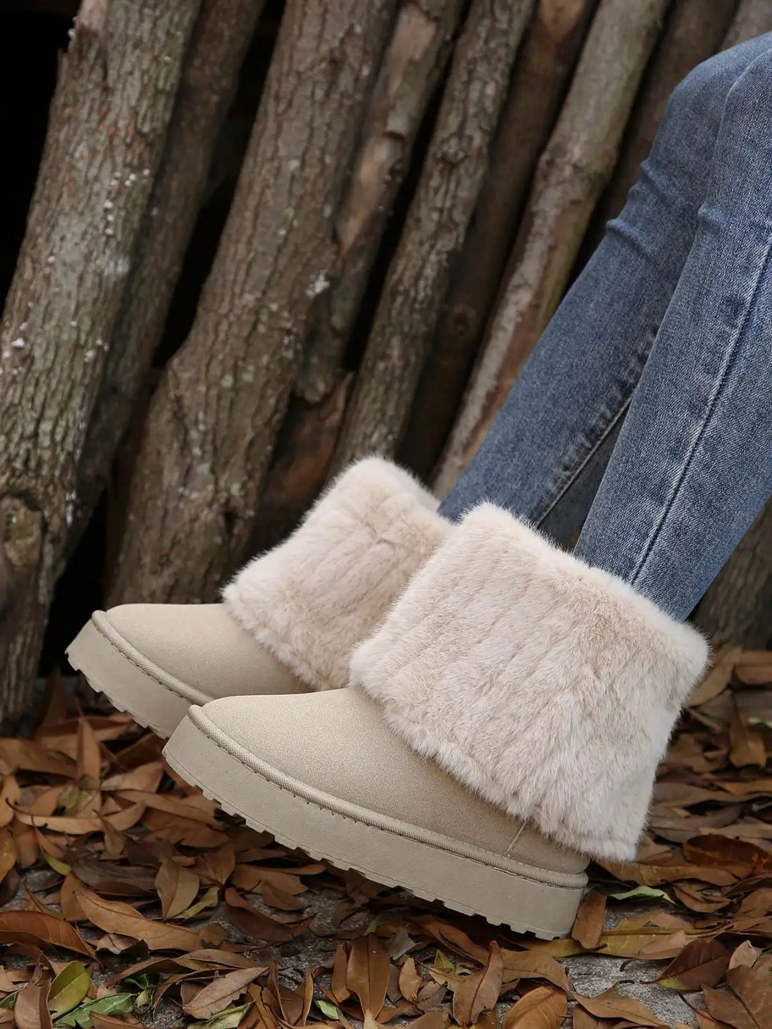 Beige suede ankle boots with fluffy cream faux fur trim, shown on a person wearing blue jeans standing on a bed of fallen leaves in front of a wood wall.