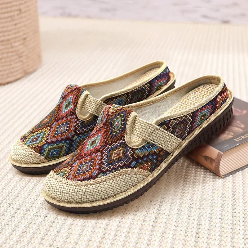 Hanf-Slip-On-Sandalen mit besticktem Stoffmuster, Schnürlos, gepolsterter Zunge