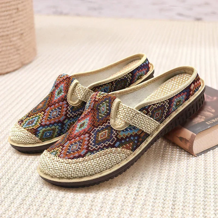 Hanf-Slip-On-Sandalen mit besticktem Stoffmuster, Schnürlos, gepolsterter Zunge