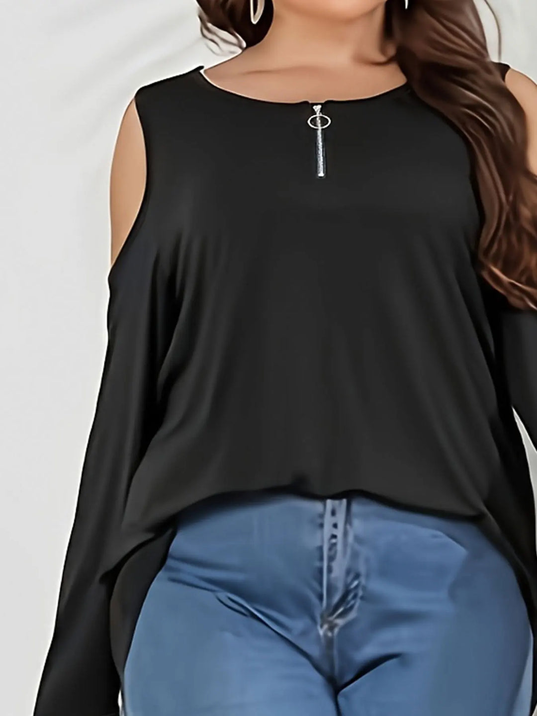 Cut-out Long Sleeves Zipper Detail Plus Size Shirts