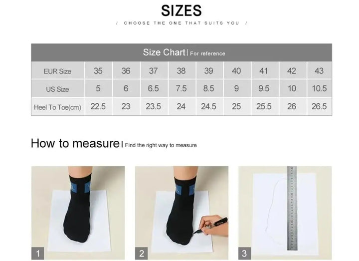 Size chart for socks with measurements and instructions on how to measure feet.