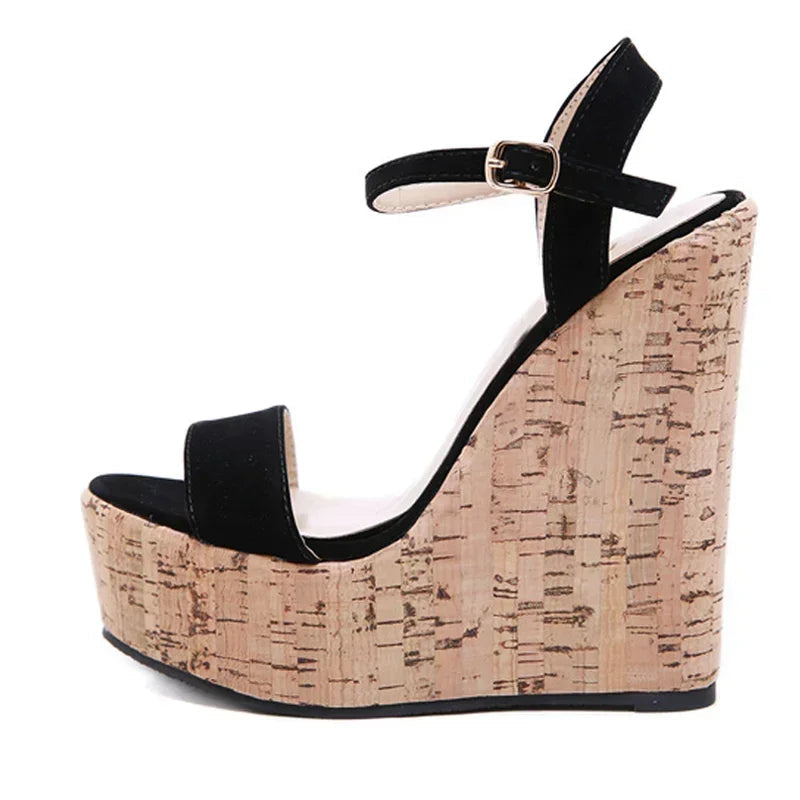 Eilyken women’s black wedge platform sandals with ankle buckle strap and open toe
