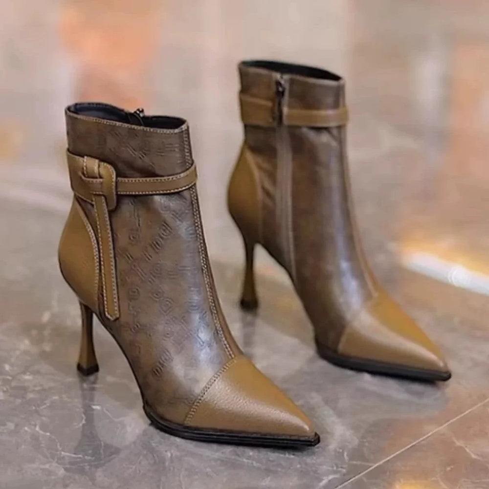 Brown faux-leather ankle boots, pointed toe, slim stiletto heel, side buckle strap