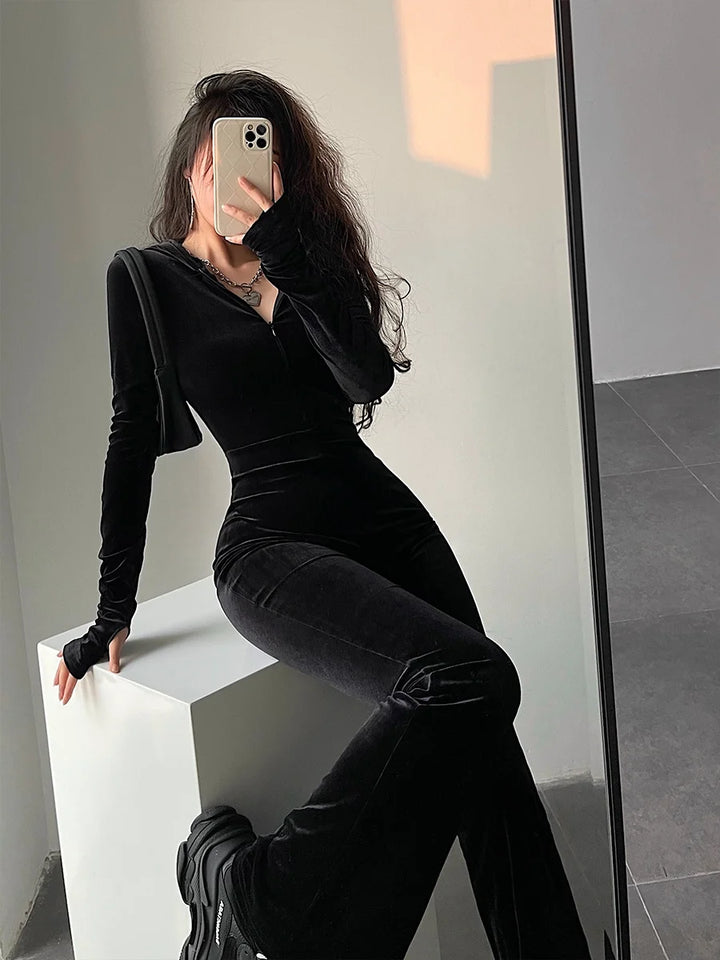 Black Velvet Slim Fit Hooded Zipper Jumpsuits