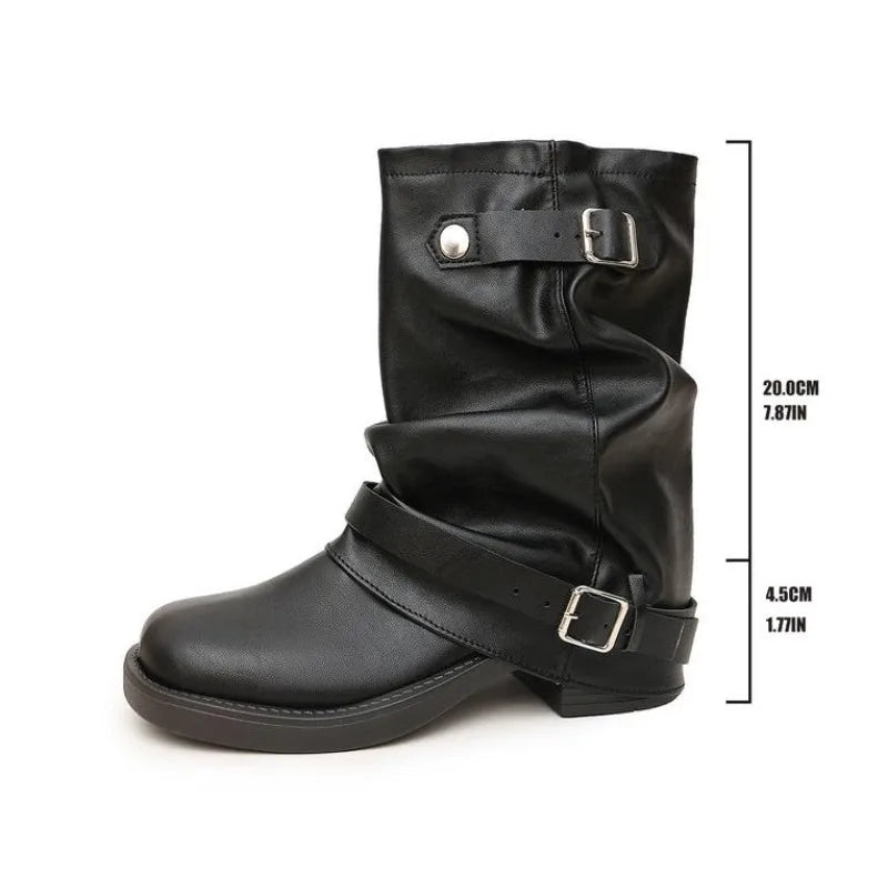 A black faux-leather slouchy ankle boot with buckle straps, shown on a white background with vertical dimension lines and text indicating a height of 20.6cm (7.