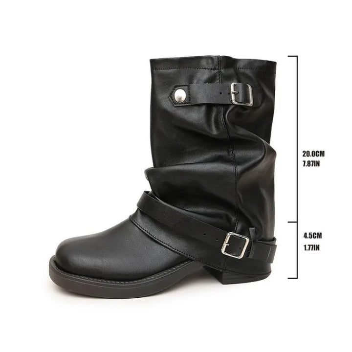 A black faux-leather slouchy ankle boot with buckle straps, shown on a white background with vertical dimension lines and text indicating a height of 20.6cm (7.