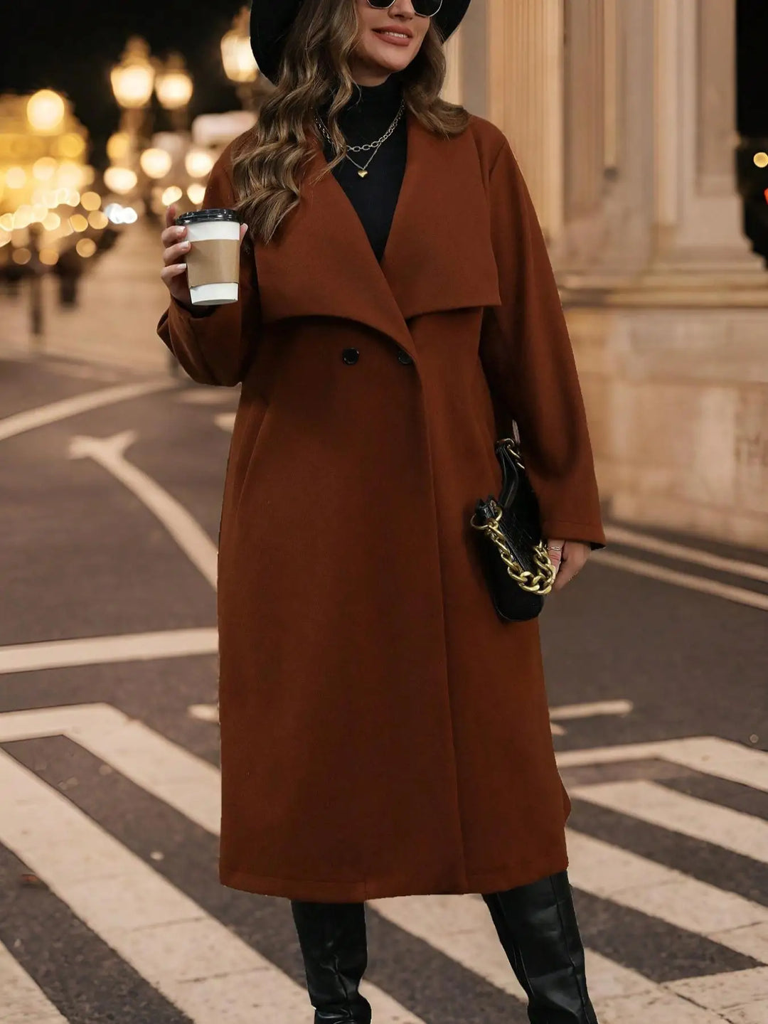 Women's brown wool-blend trench coat with long hem and classic lapels