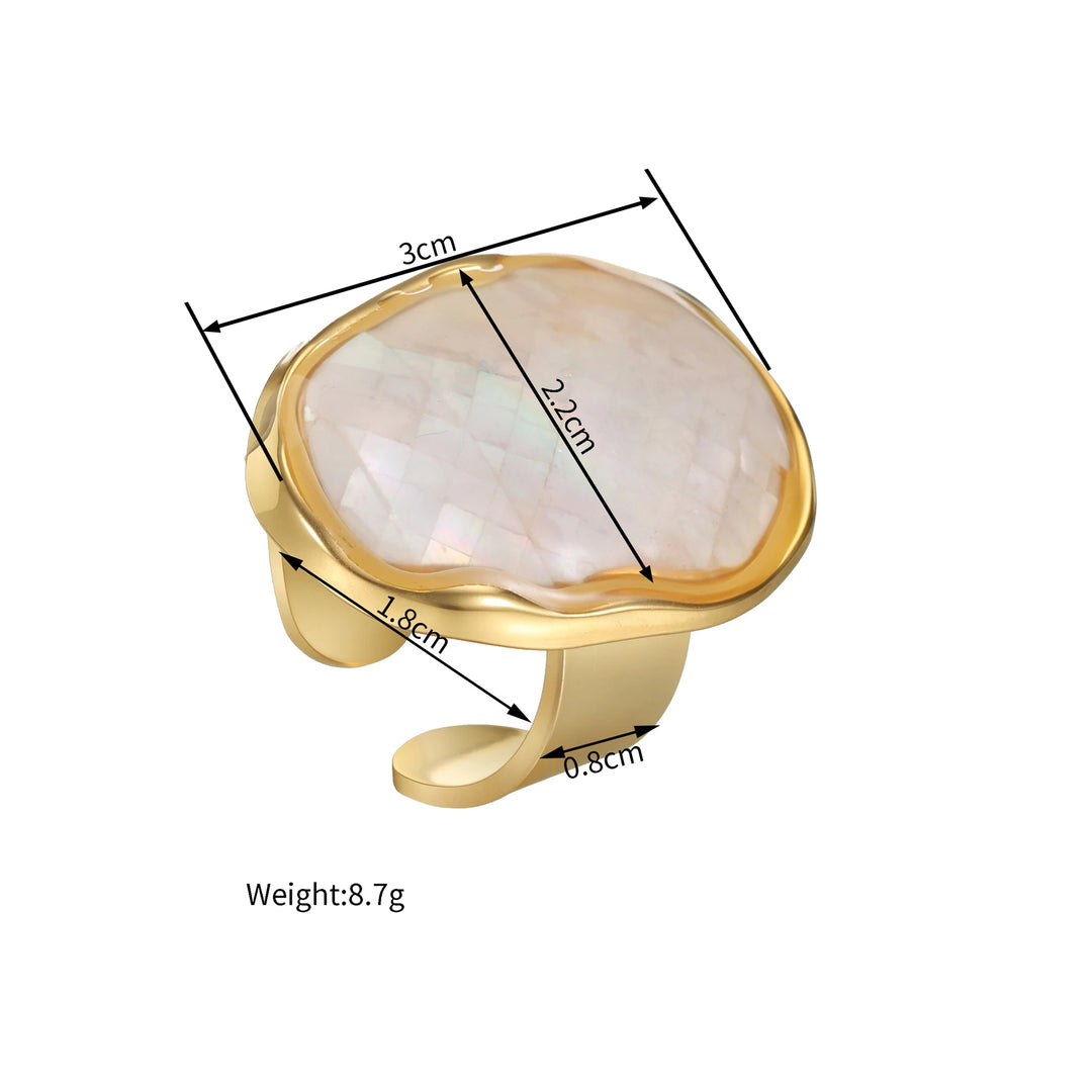 Gold oval mother-of-pearl open ring with split band, dimensions and weight shown