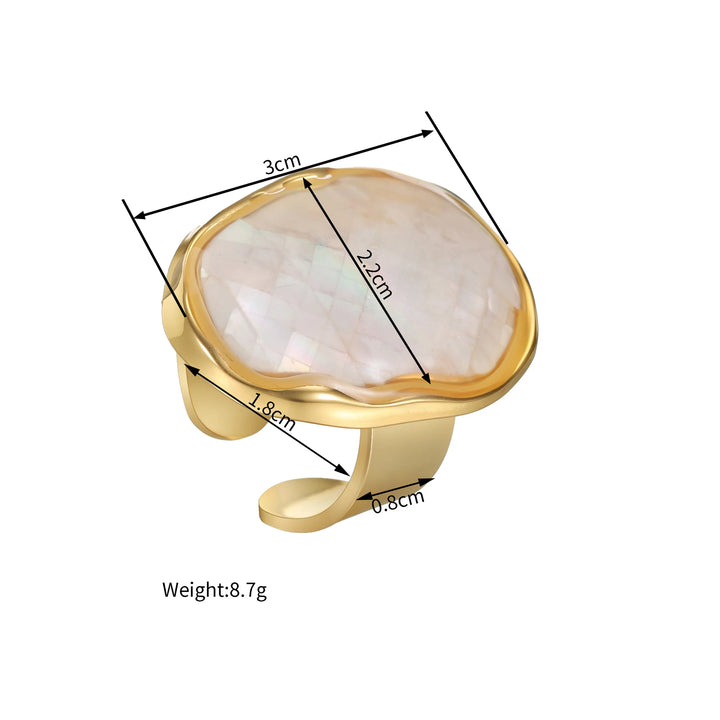 Gold oval mother-of-pearl open ring with split band, dimensions and weight shown