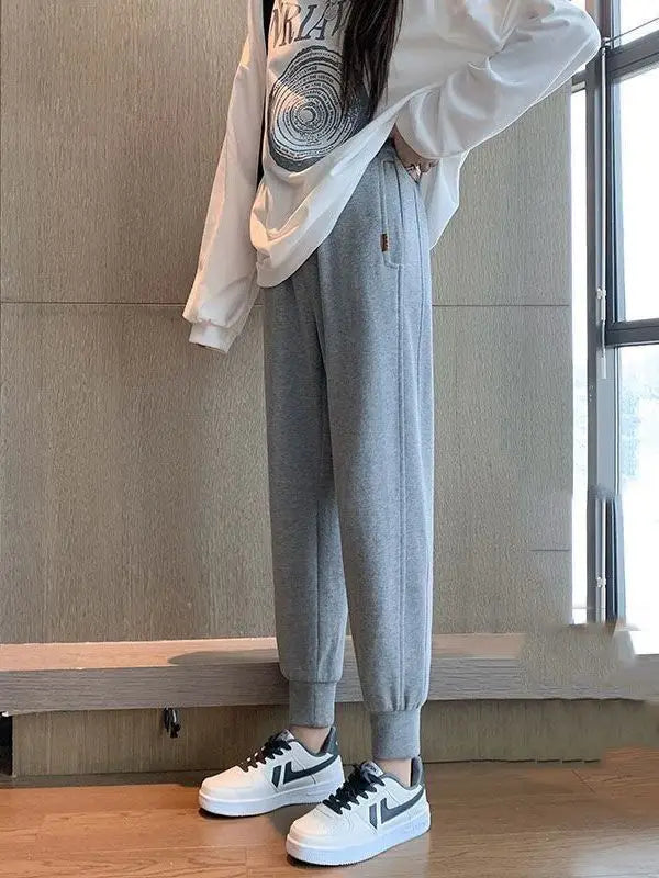 Women's Gray Drawstring Joggers With Cuffed Ankles, Standing Side View