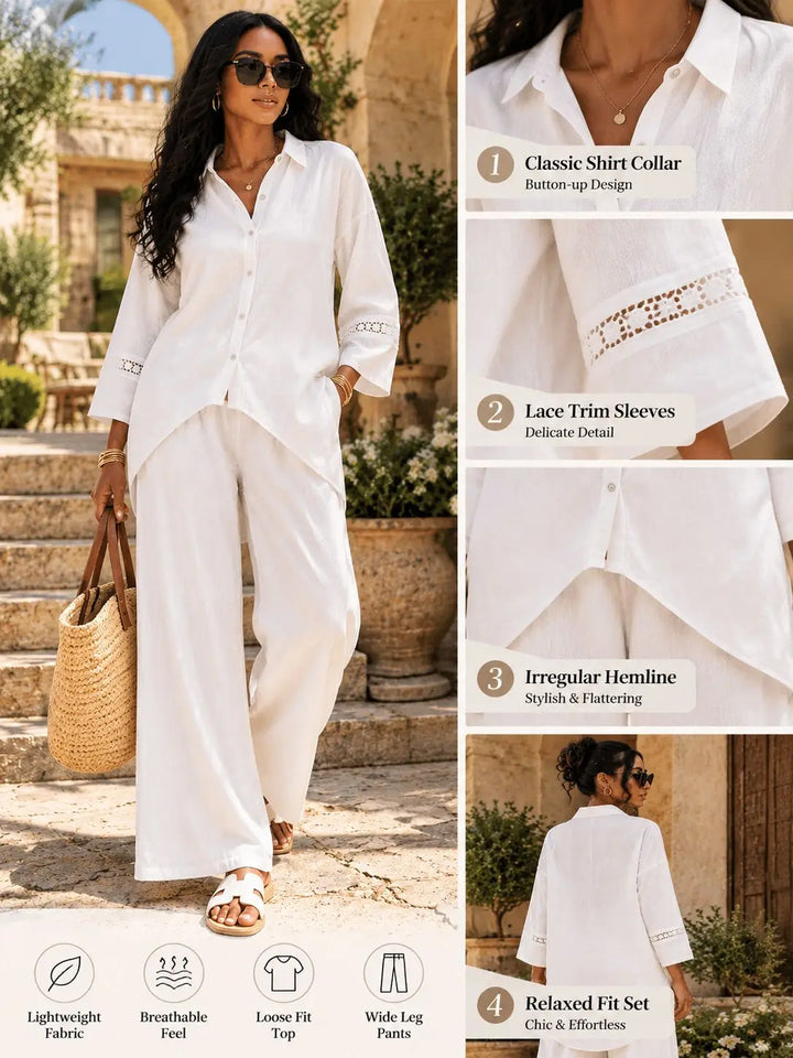 Ivory wide-leg pant set with collared shirt, lace sleeve trim and asymmetric hem details