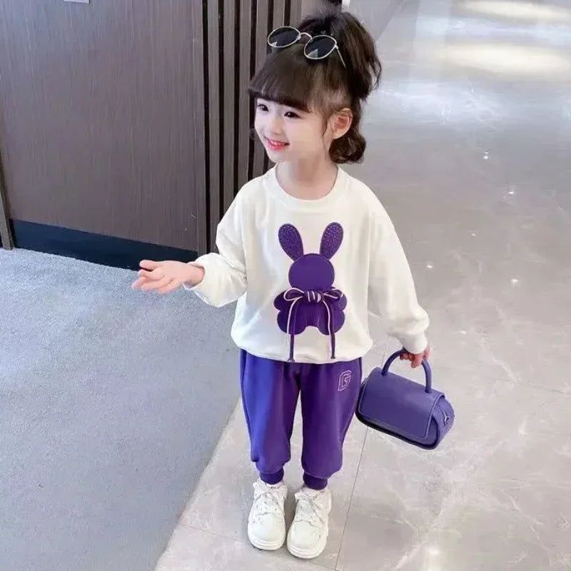 Cartoon Rabbit Bowknot Pullover and Bow Pants Tracksuit