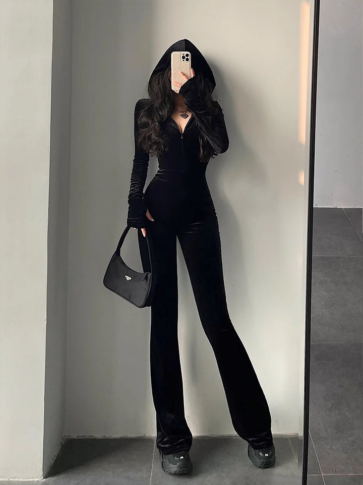 Black Velvet Slim Fit Hooded Zipper Jumpsuits