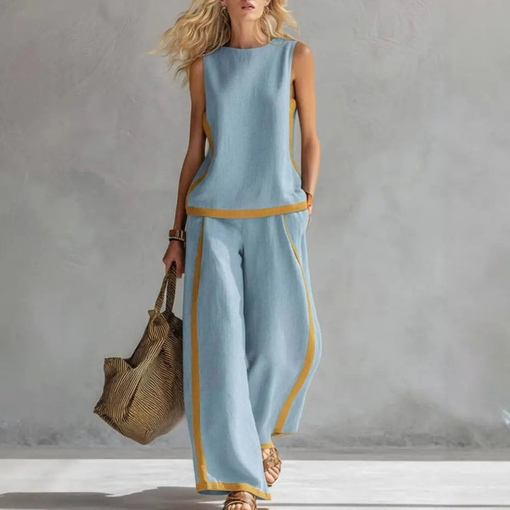 Sky blue sleeveless vest and wide-leg pants set with gold trim