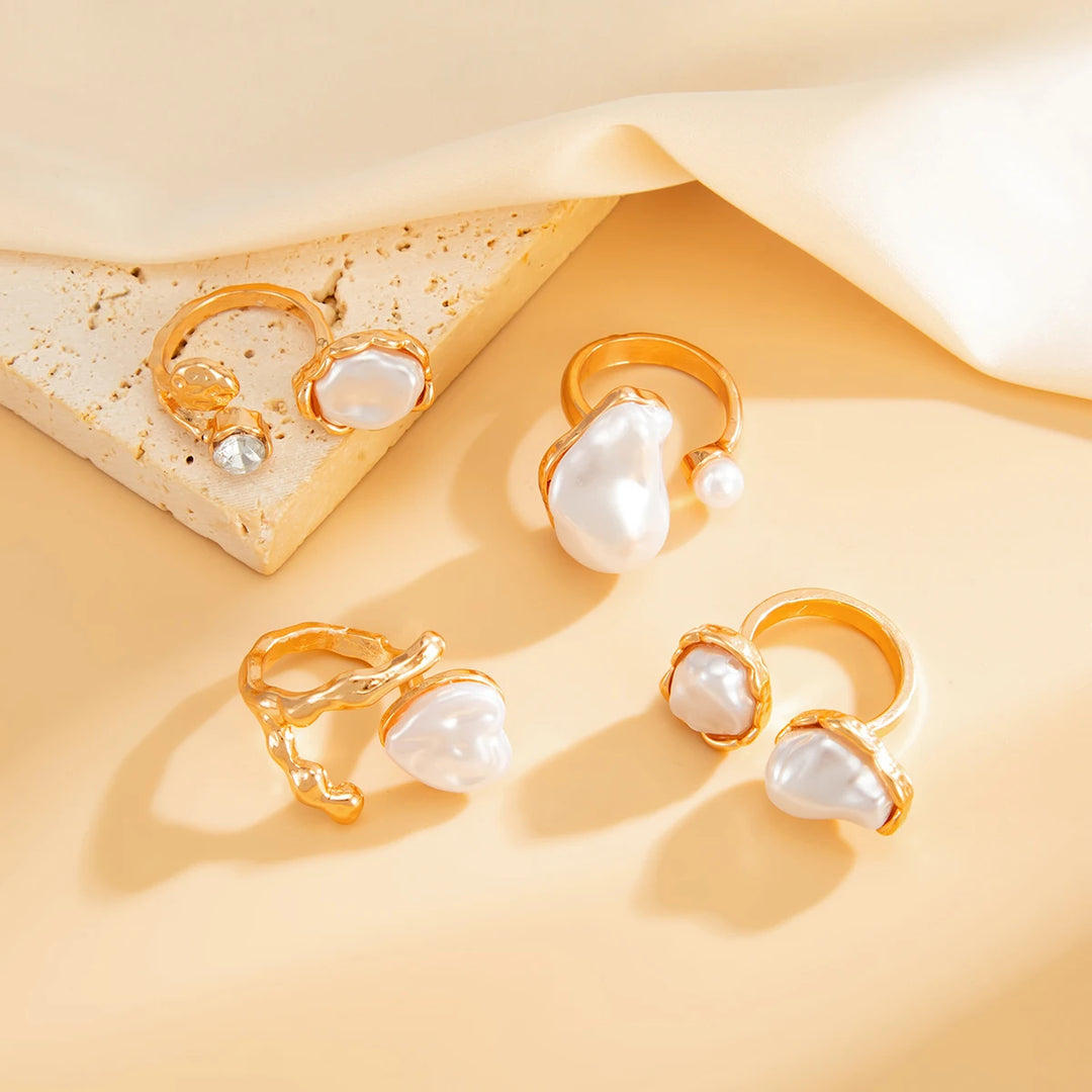 Women's open pearl ring set with gold-tone geometric bands and white faux pearls