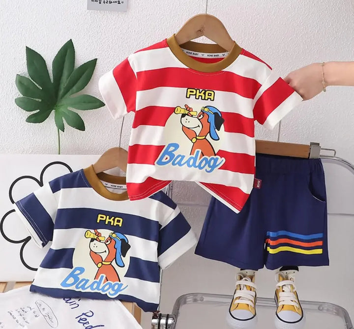Adorable Cartoon Dog Short Sleeves Striped T-shirts and Shorts Outfits