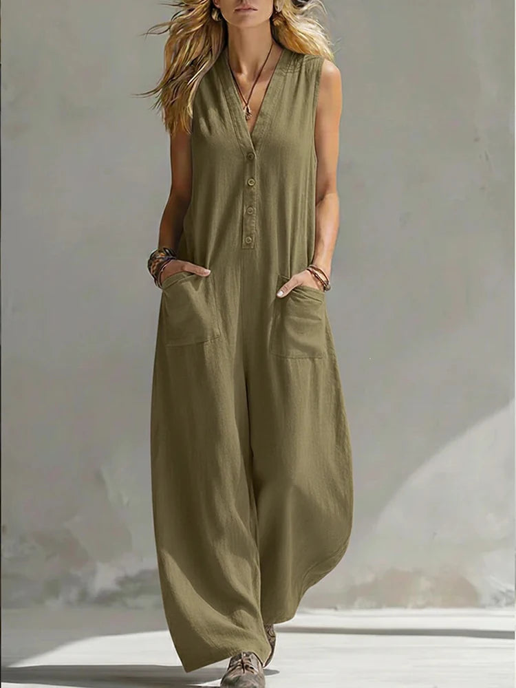 Women's olive sleeveless V-neck button jumpsuit with patch pockets, wide-leg