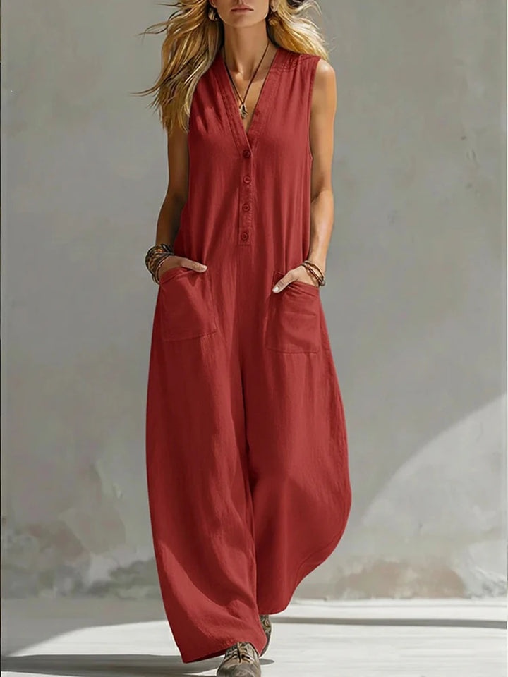 Women's red sleeveless V-neck button jumpsuit with patch pockets, wide-leg