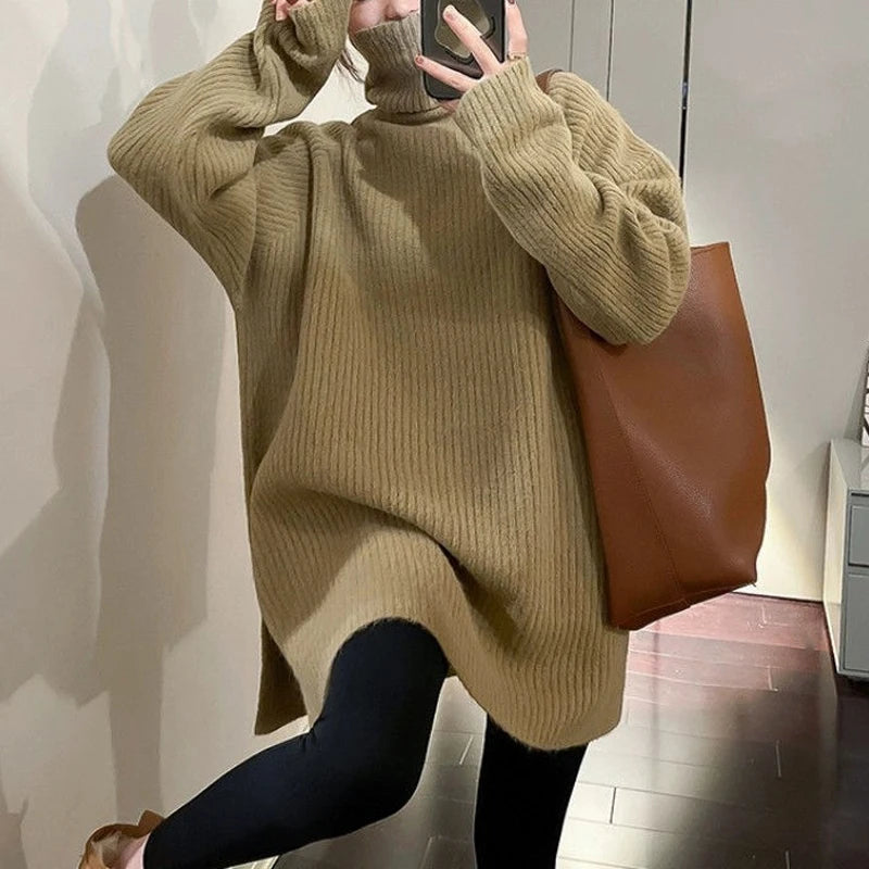 Split Oversized Knitted Long Plus Size Turtleneck Sweaters